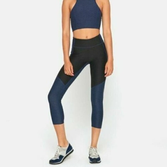 NEW Outdoor Voices Spring 7/8 Color Block Athletic Leggings Black Blue‎ Size S - Picture 1 of 14